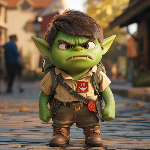 Green orc child in Boy Scout outfit, Pixar 3D render  Green orc child in Boy Scout outfit, Pixar 3D render