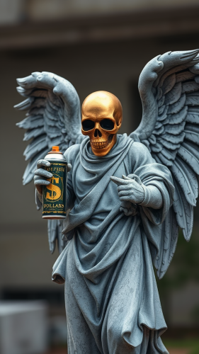 Grey Angel Statue with Gold Skull Spray Can