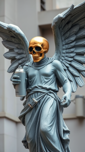 Grey angel statue with gold skull and wings.