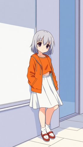 Grey-haired girl leaning against wall in retro style.