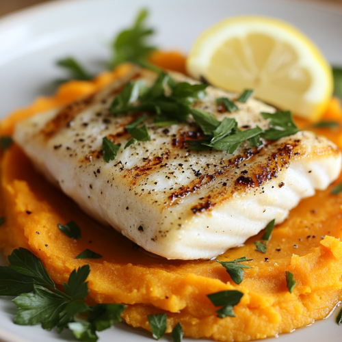 Grilled white fish with sweet potato mash and herbs