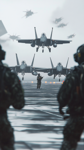 Ground crews shocked as jets land after dogfight.