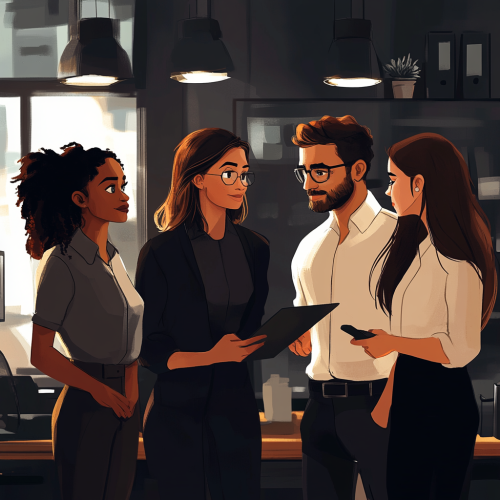 Group of coworkers have a warm conversation in office