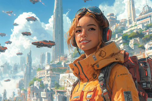 Group of people in futuristic San Francisco smiling.