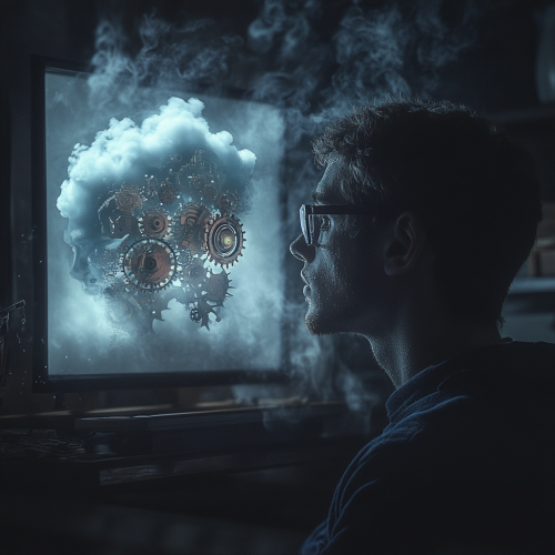 Guy with glasses and gears in head at night
