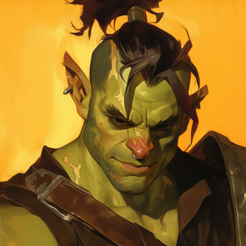 Half orc male with lightning bolt tattoo smiles wearing armor