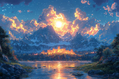 Hand-drawn anime castle with vibrant colors and textures.