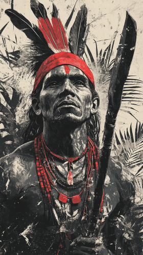 Hand drawn image of Brazilian Indian man in forest. Hand drawn image of Brazilian Indian man in forest.