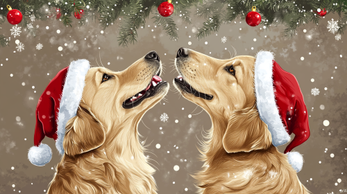 Hand drawn picture of two happy dogs at Christmas.