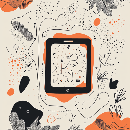 Hand-drawn tech illustration with bold orange accents.