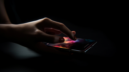Hand picking up phone on dark background for PowerPoint