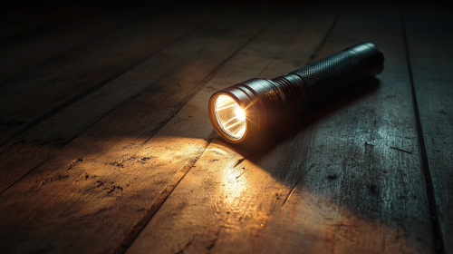 Handheld flashlight resting on wooden floor, illuminating dark passage.