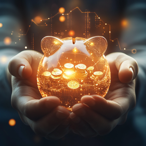Hands hold glowing piggy bank, financial symbols background Hands hold glowing piggy bank, financial symbols background