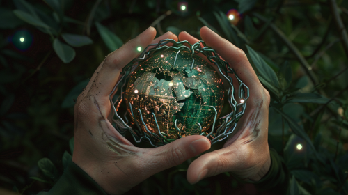 Hands hold mini globe with circuitry and plants