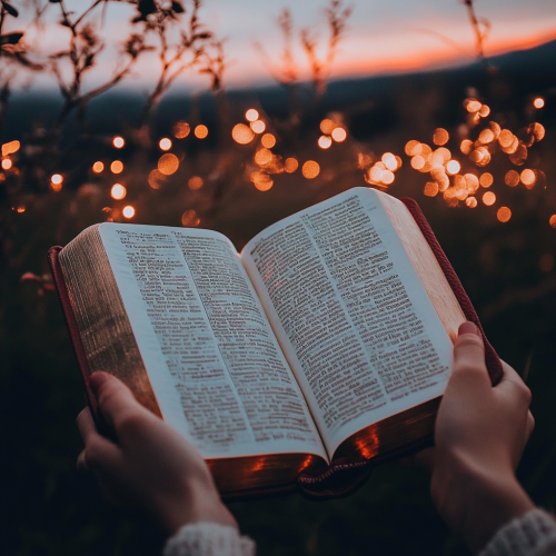 Hands holding Bible in peaceful landscape