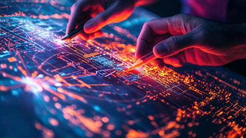 Hands marking flight path on navigation chart.
