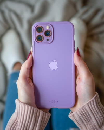 Hands texting on purple iPhone in premium photography