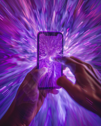 Hands texting on purple iPhone with dramatic effect