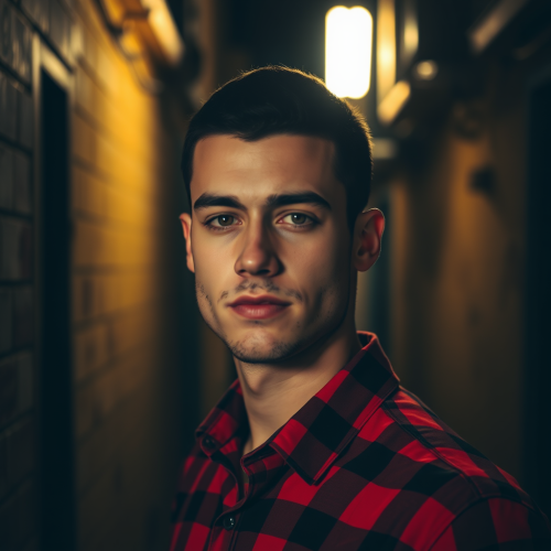 Handsome Man in Illuminated Alley with Red Shirt