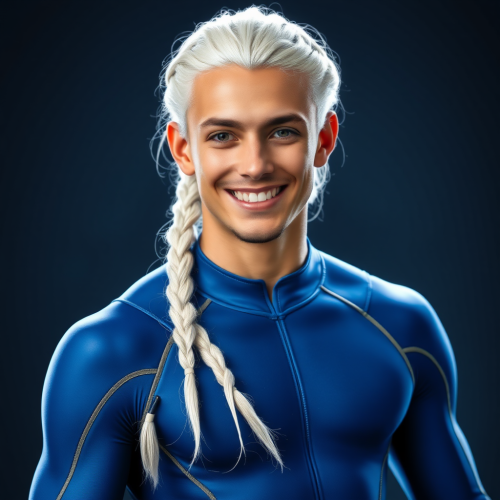 Handsome Pleiadian Man in Blue Spandex Uniform