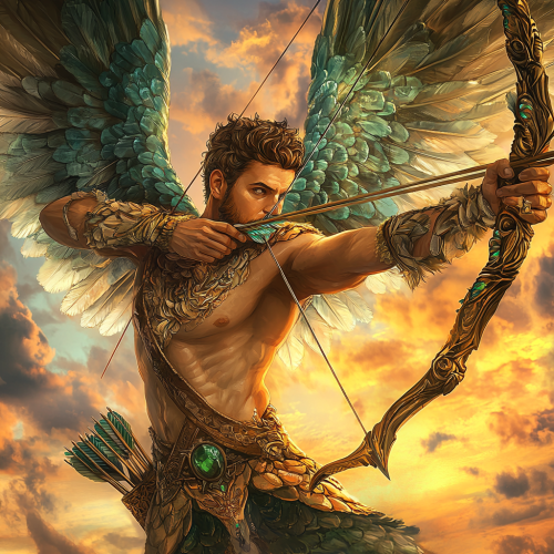 Handsome male Angel with short dark brown hair and hazel eyes, wearing fantasy green and brown clothes flying and shooting bow and arrow.