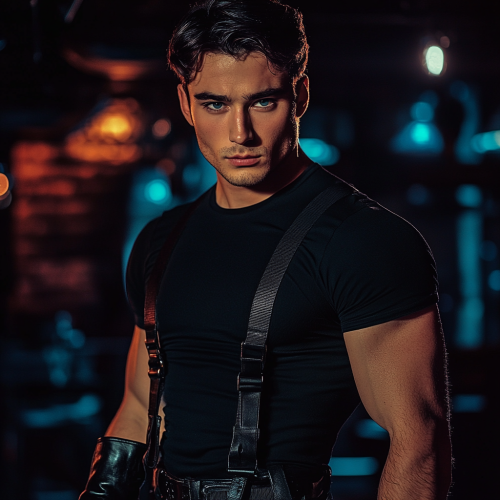 Handsome man with dark hair and blue eyes in nightclub