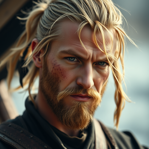 Handsome pirate with ponytail and facial hair.