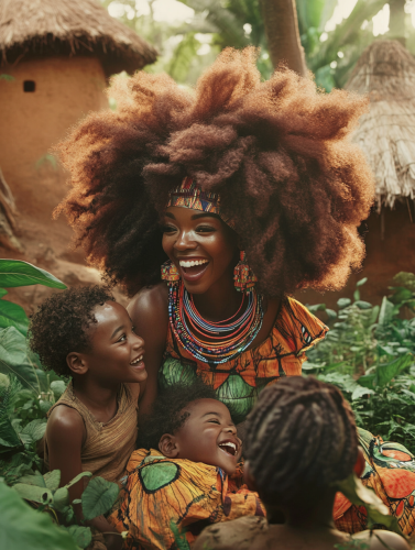 Happy African woman with big hair playing with children. Happy African woman with big hair playing with children.