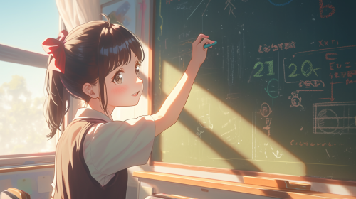 Happy Asian girl solving math problems on chalkboard.