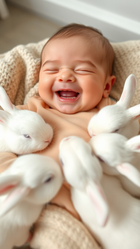 Happy Baby Surrounded by Playful White Rabbits