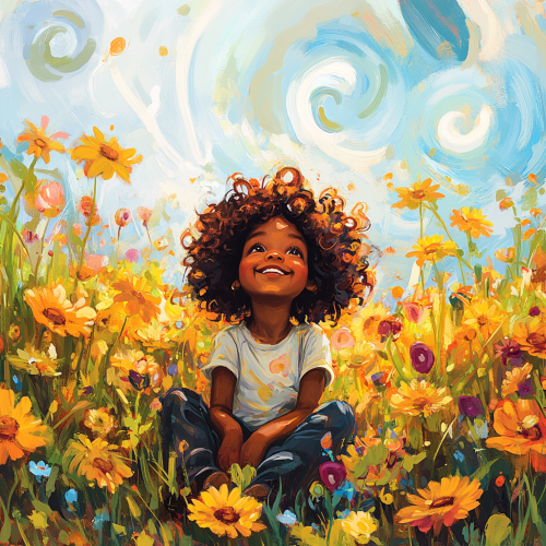 Happy Black child in flower field under colorful sky