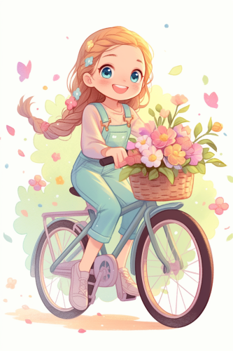 Happy Girl Riding Colorful bike with flowers