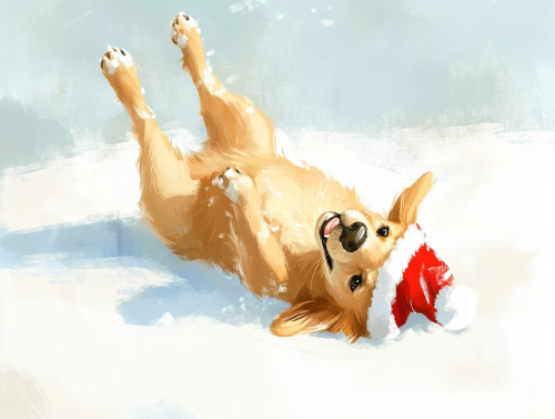 Happy Golden Retriever dog wearing Santa hat playing in snow.