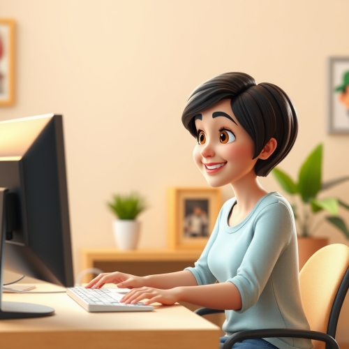 Happy Hispanic woman working on computer, vibrant colors.