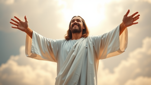 Happy Jesus in White, Stretching Hands Downwards