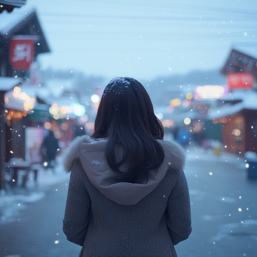 Happy Korean woman in fairytale winter festival town
