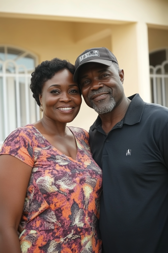 Happy Older Couple Posing in Front of House