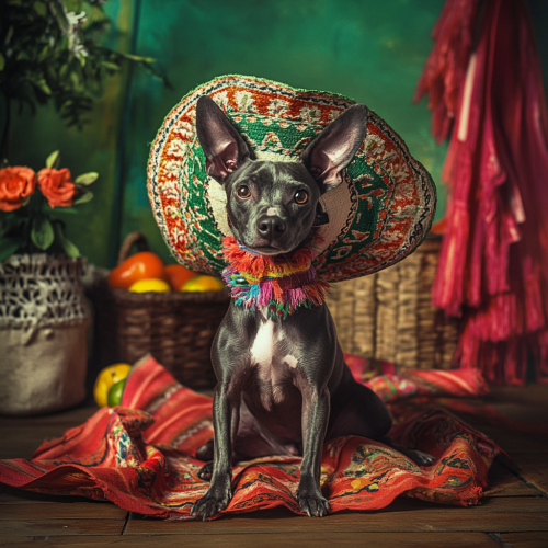 Happy Xoloitzcuintle in Mexican Backyard with Hat 