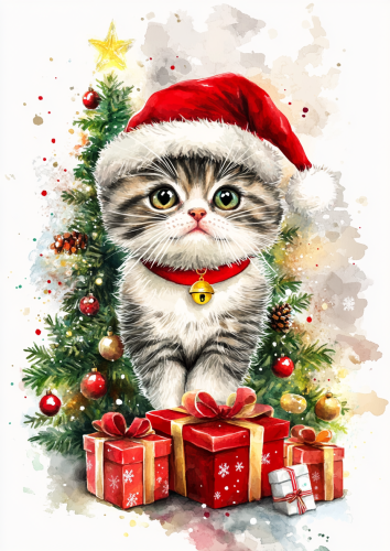 Happy cats with Santa hats near Christmas tree