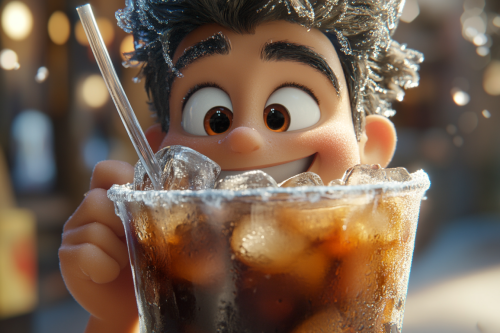 Happy character drinking iced coffee in 3D