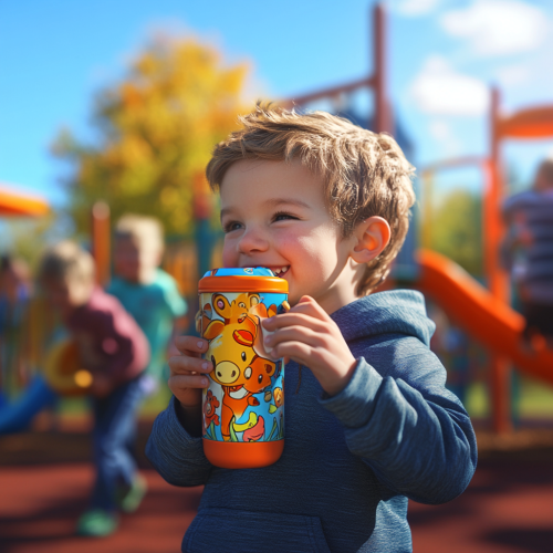 Happy child drinking from colorful thermos at playground.