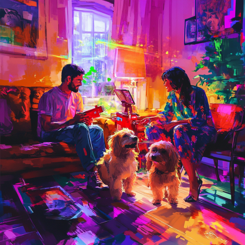 Happy couple grooming two dogs in colorful living room Happy couple grooming two dogs in colorful living room
