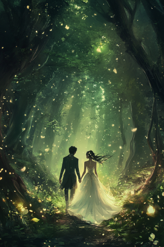 Happy couple walking through glowing, enchanted forest.