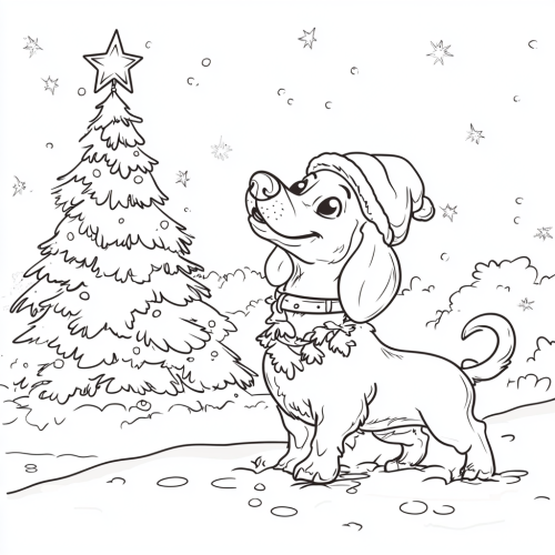 Happy dachshund playing in snow with Christmas tree.