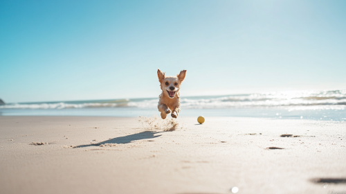 Happy dog playing on sunny beach with ball.