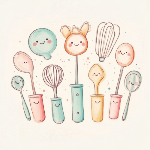 Happy kitchen tools drawing in pastel colors