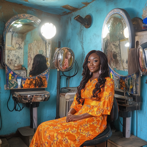 Happy lady in African salon getting make-up done.