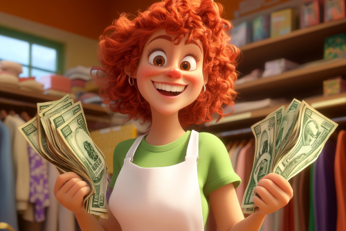 Happy red-haired lady holds cash in clothing store