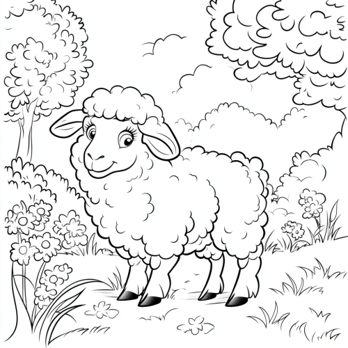Happy sheep standing in garden, looking at camera in Disney cartoon style.
