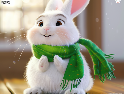 Happy white rabbit in green scarf with friends at home.